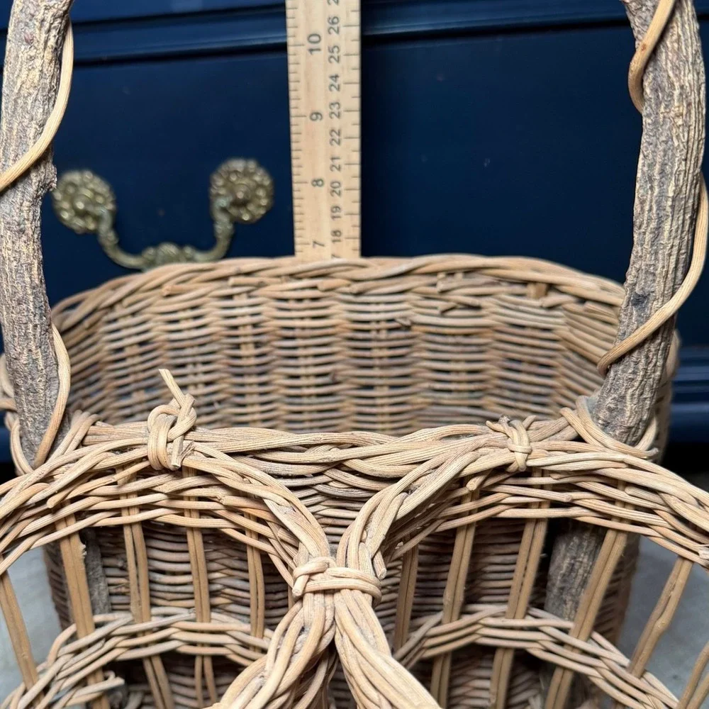 Vintage Wicker Rattan Wine Bottle Caddy 3 Compartment Branch Handle Boho Basket‎
